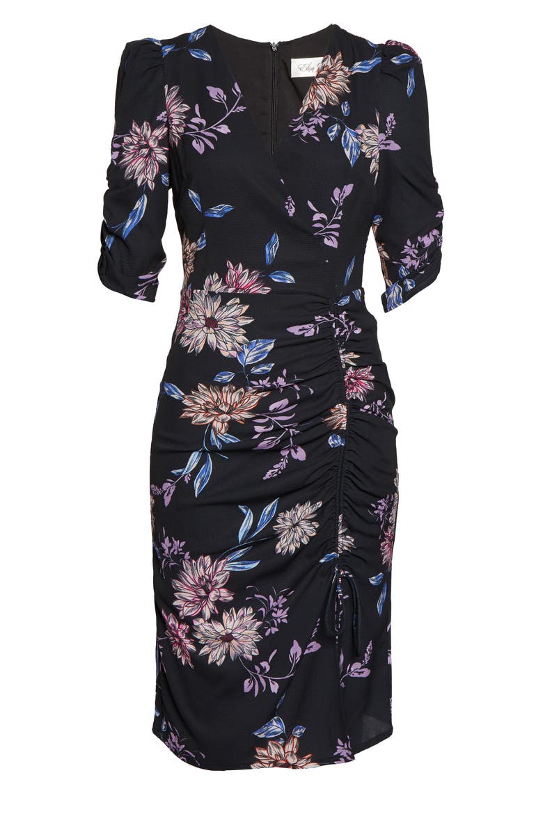 Floral Ruched Crepe Dress, Alternate, color, BLACK