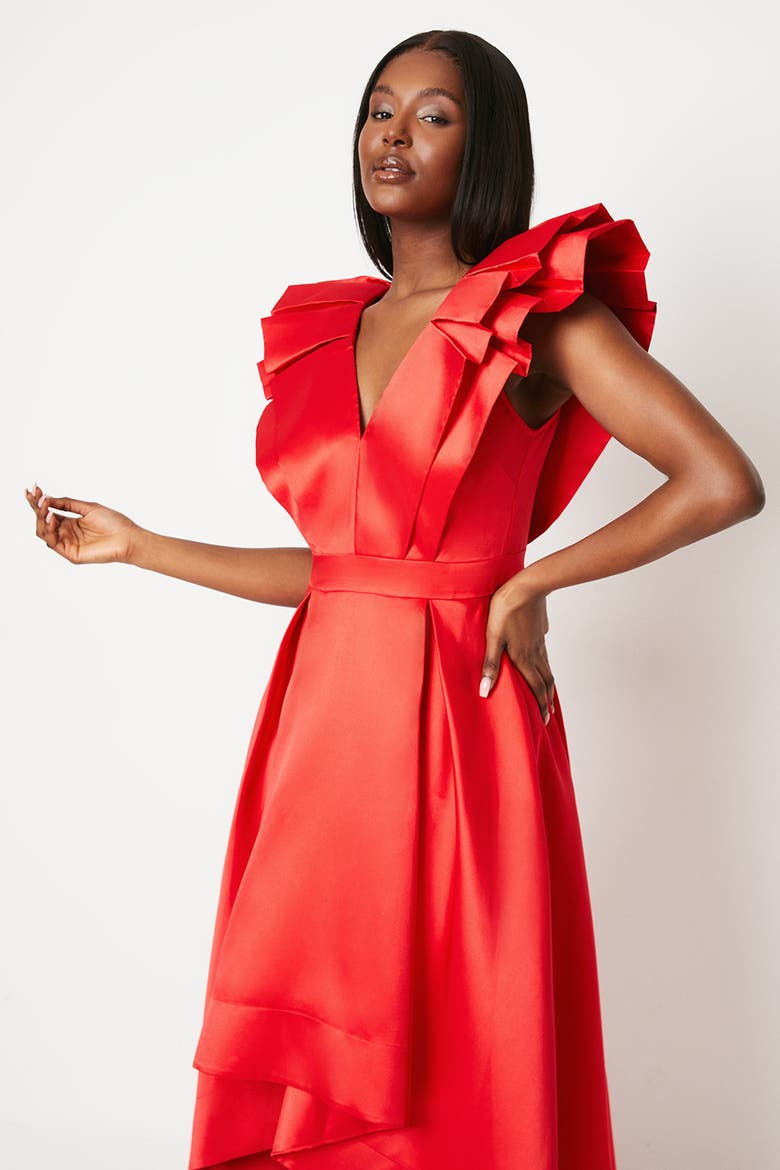 Frill Sleeve V-Neck Midi Dress, Alternate, color, Red