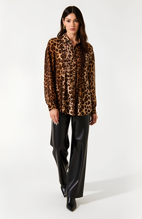 Modenaire Leopard Print Button-up Blouse With Pleated Front And Classic Point Collar In Brown