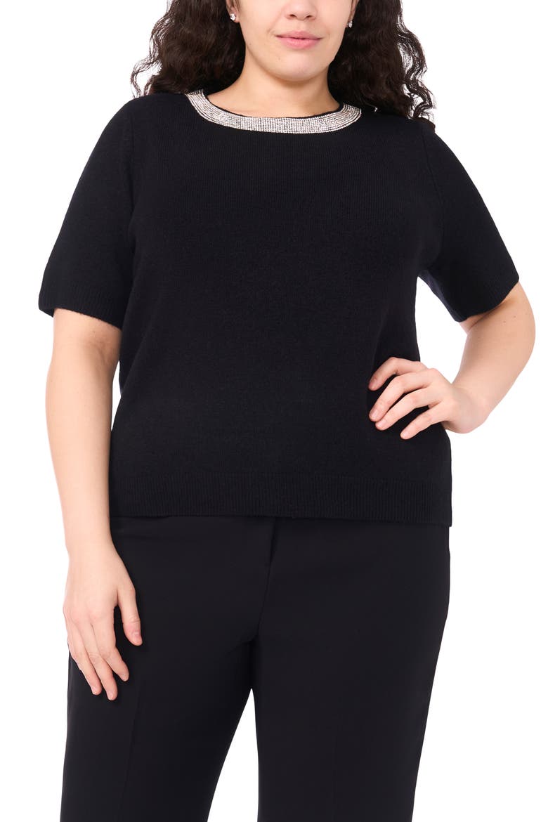 Rhinestone Trim Crewneck Sweater, Main, color, RICH BLACK
