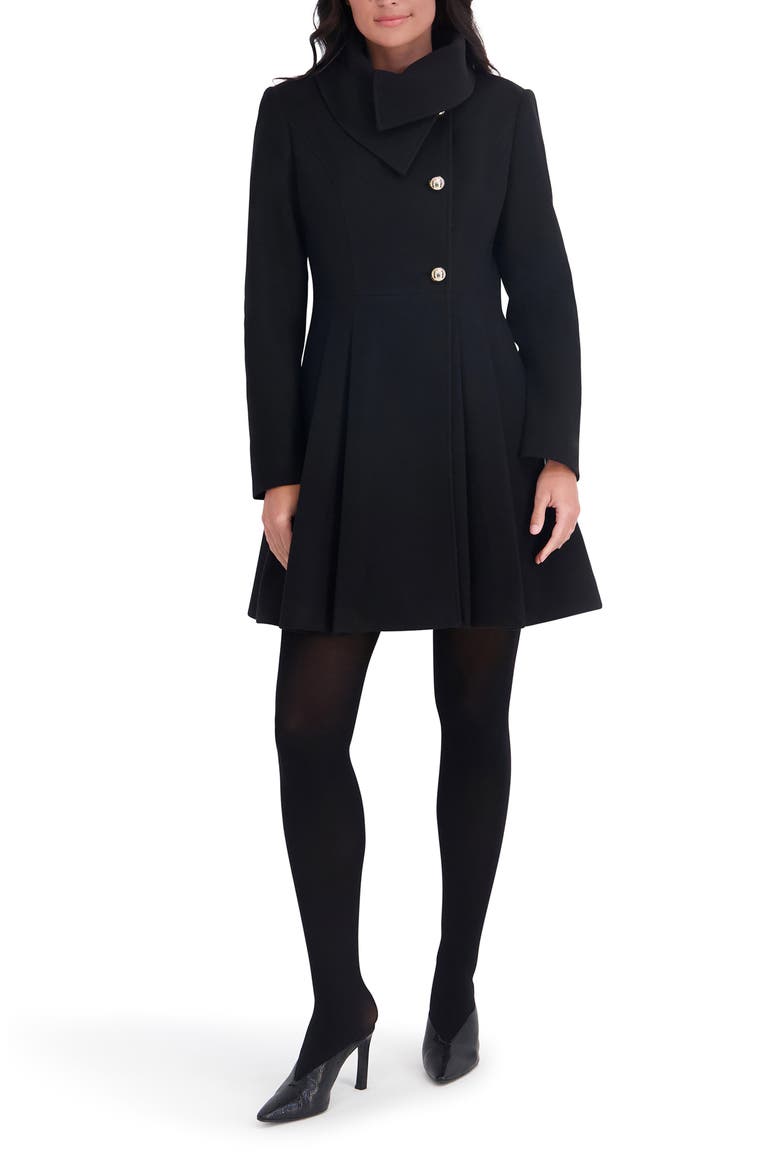 Asymmetric Button-Front Pleated Coat, Alternate, color, BLACK