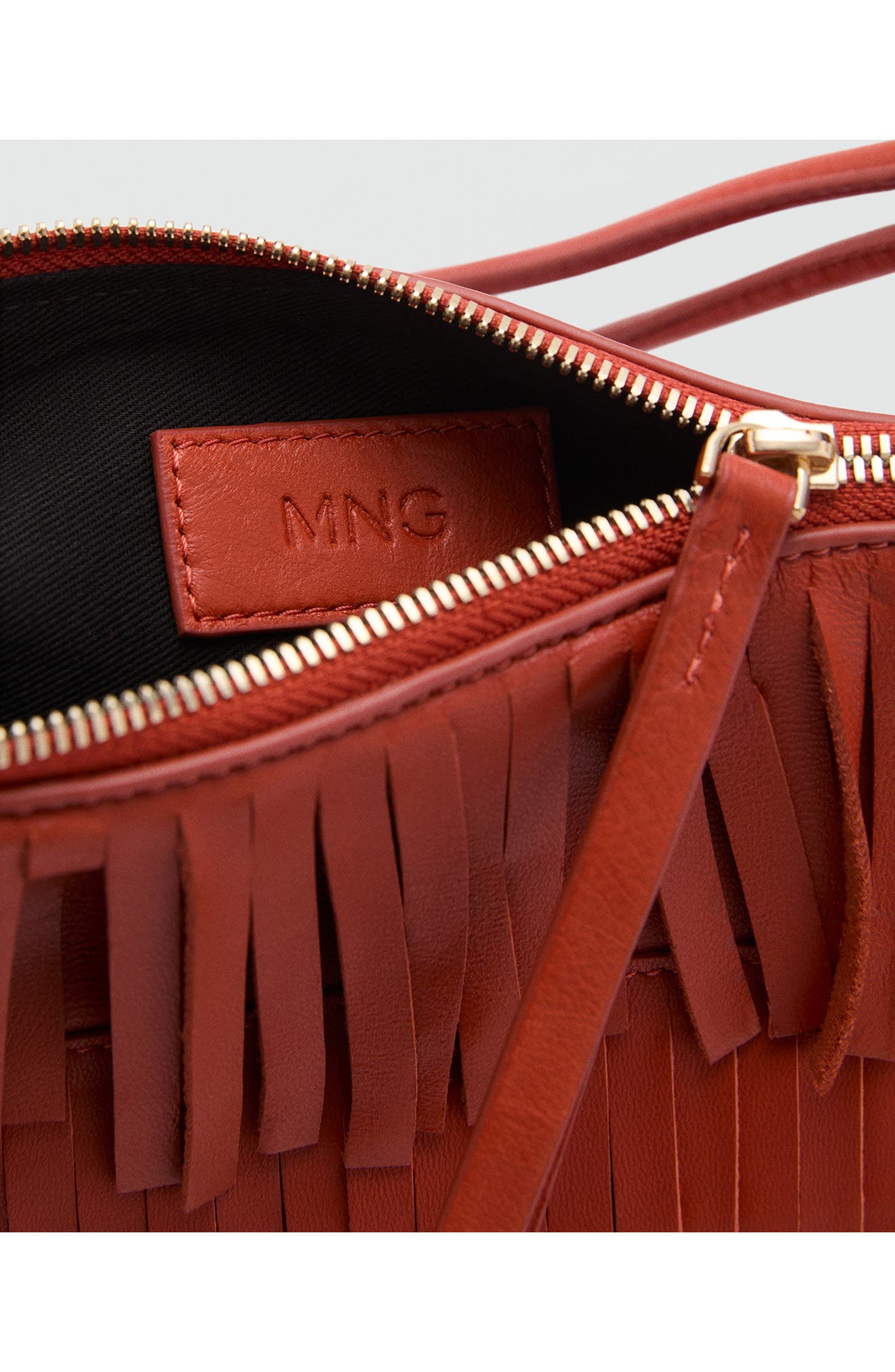 MANGO Fringe Leather Shoulder Bag, Alternate, color, Russet