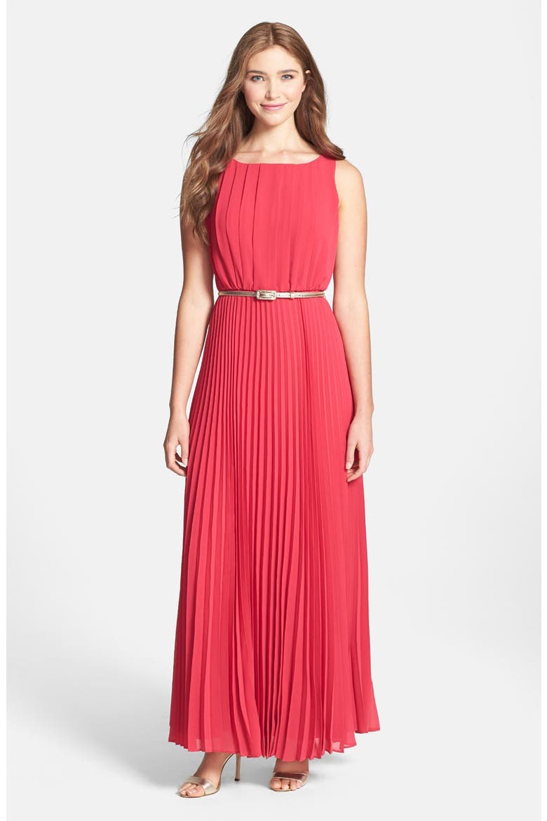 Pleated Chiffon Maxi Dress, Main, color, CHERRY