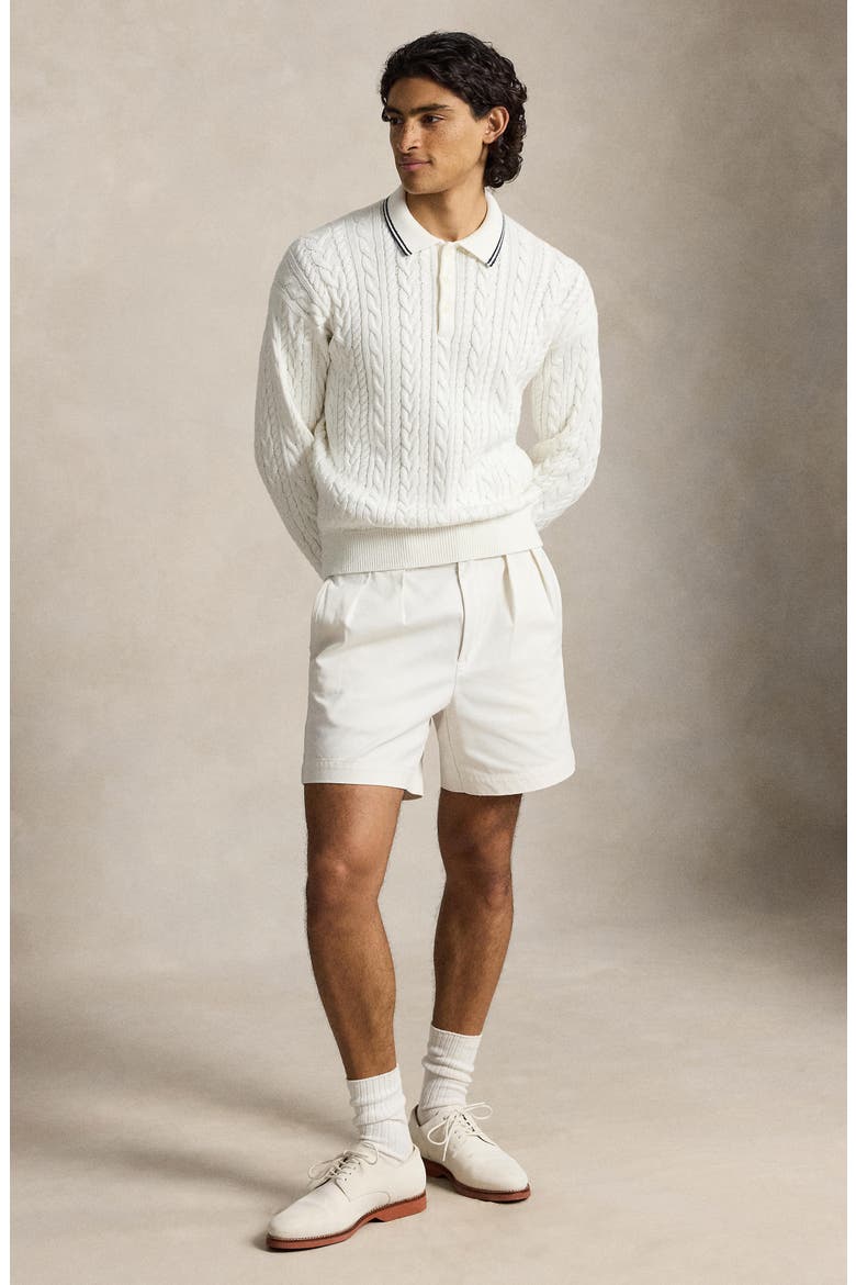 Relaxed Fit Cable Stitch Cotton & Linen Polo Sweater, Alternate, color, TROPHY CREAM