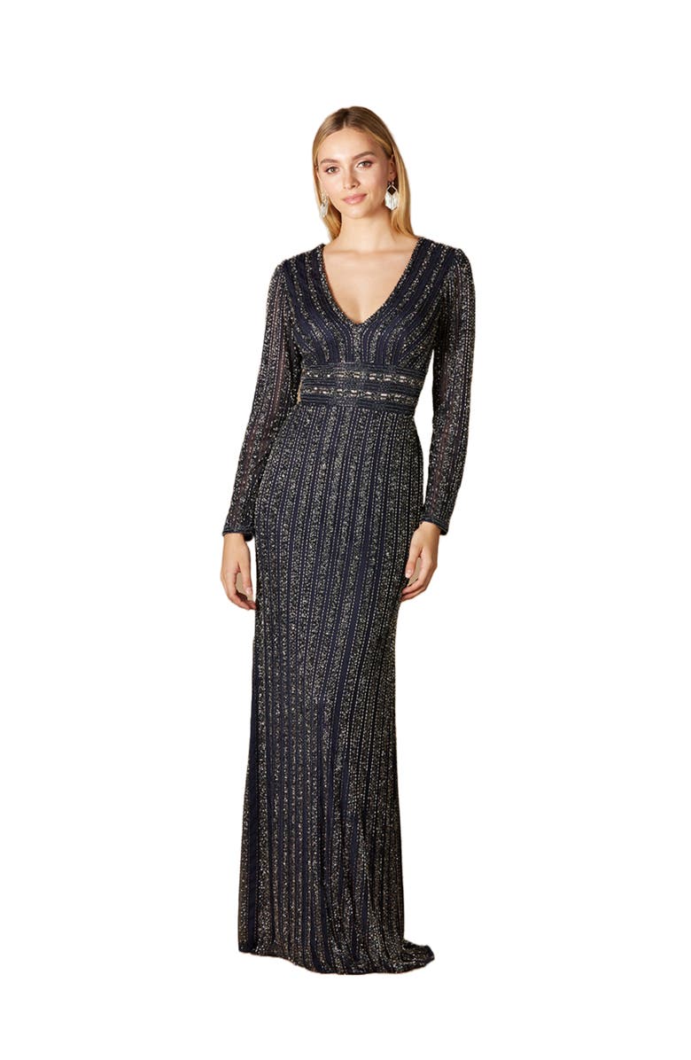 LARA New York Long Sleeve Beaded Gown, Main, color, Navy