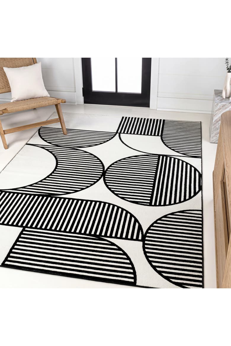 Nordby High-Low Geometric Arch Scandi Striped Indoor/Outdoor Area Rug, Alternate, color, Black/White