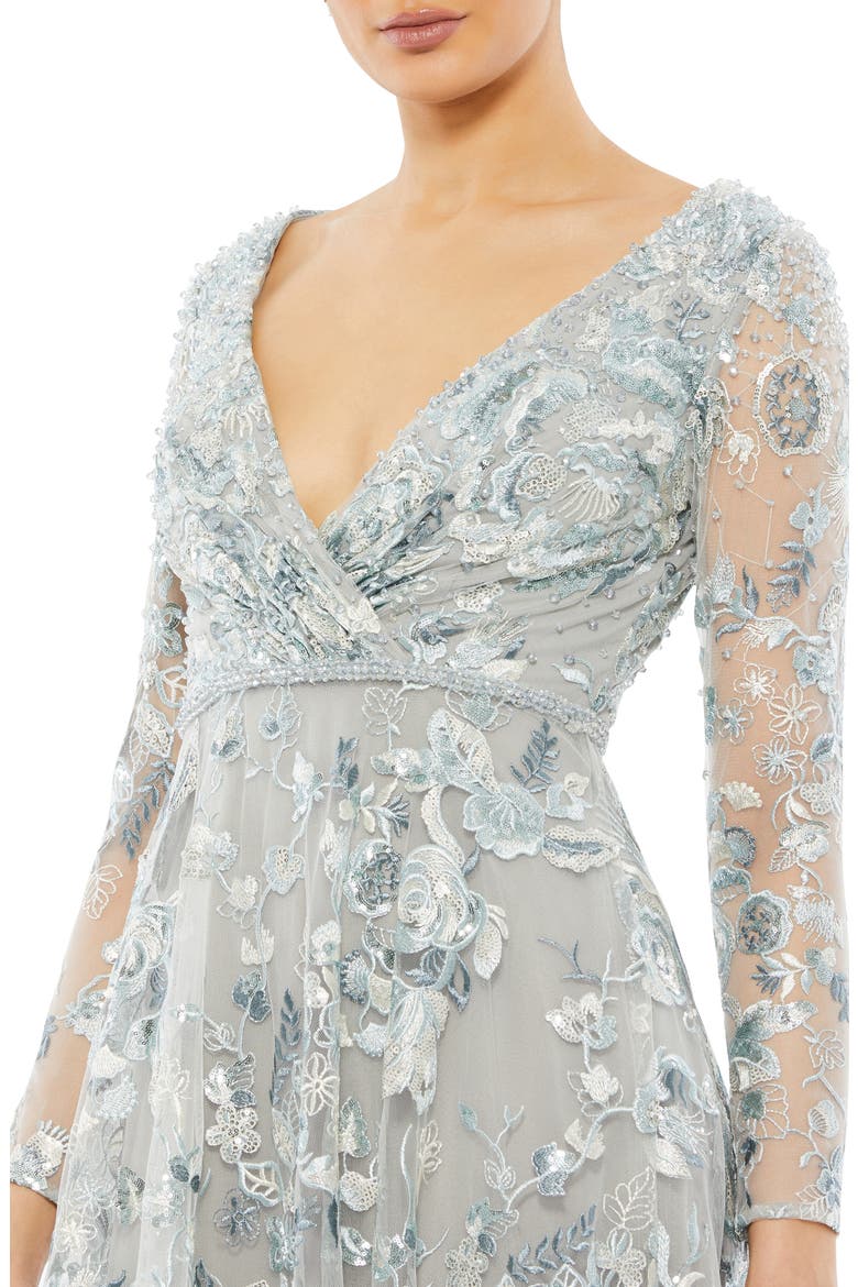 Floral Embroidered Long Sleeve Gown, Alternate, color, PLATINUM