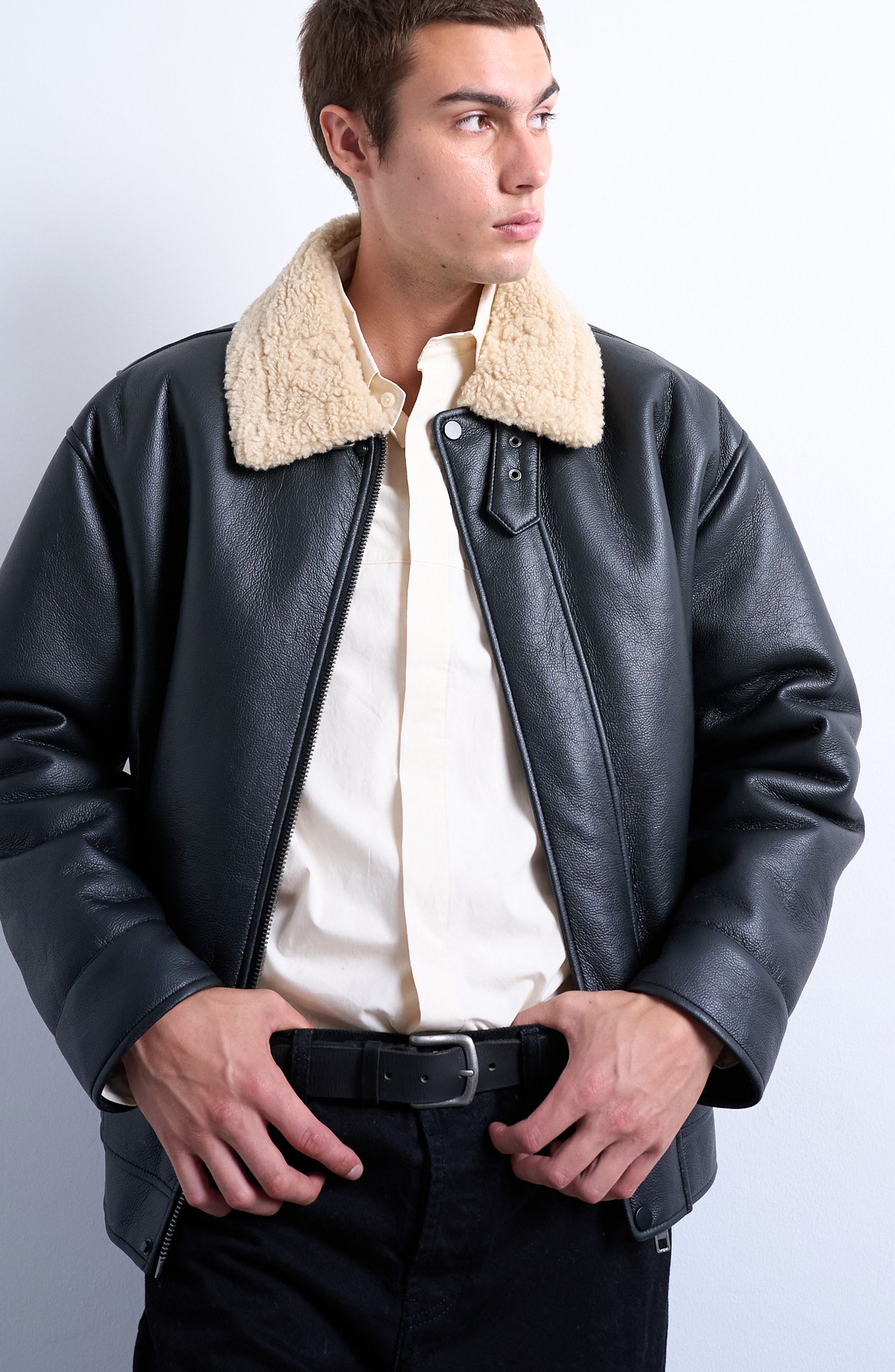 Topman Faux Leather & Faux Shearling Bomber Jacket In Black