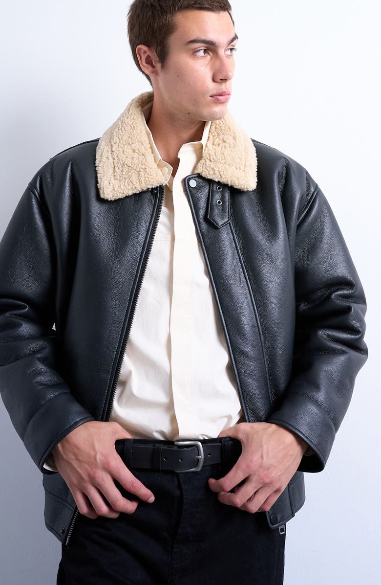 Topman Faux Leather & Faux Shearling Bomber Jacket, Main, color, Black