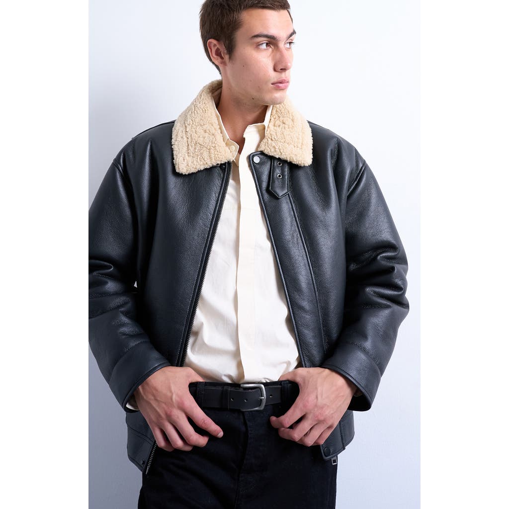 Topman Faux Leather & Faux Shearling Bomber Jacket In Black