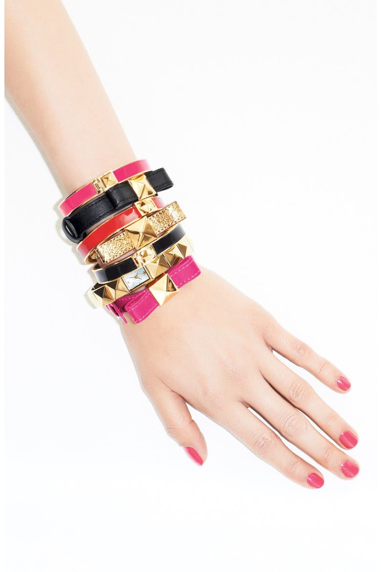'locked in' leather bow bracelet, Alternate, color, BLACK/ GOLD
