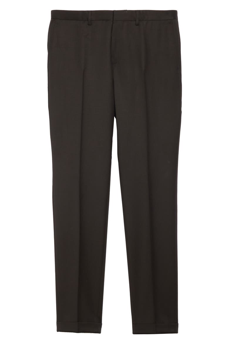 Wave Flat Front Solid Wool Trousers, Alternate, color, BLACK