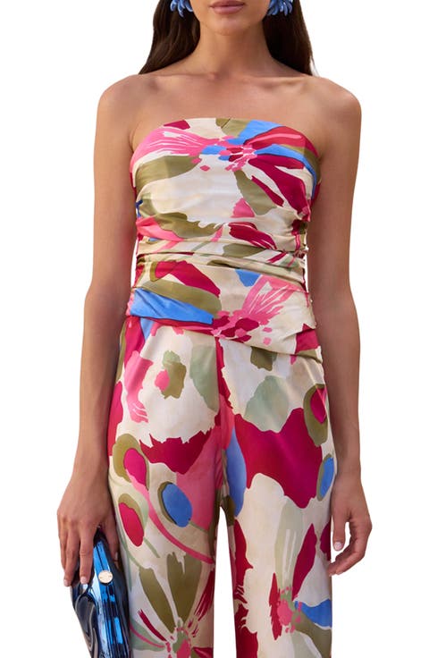 Krisha Print Strapless Stretch Silk Top