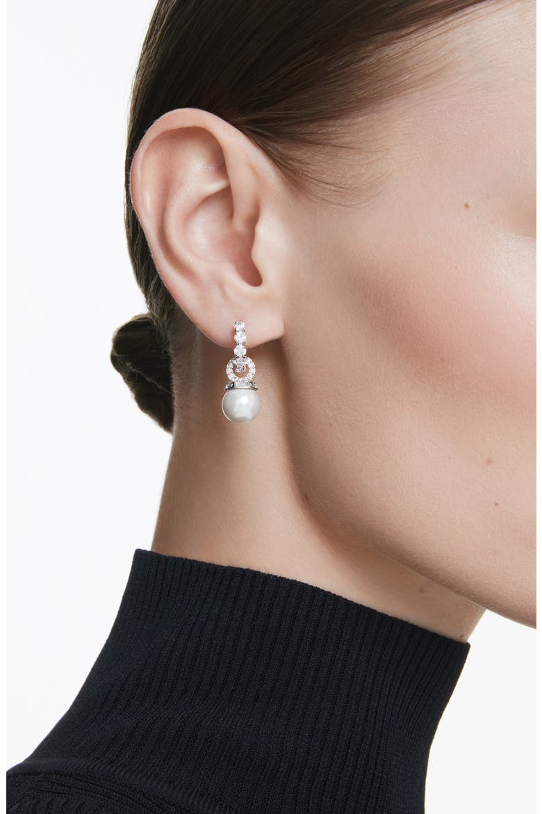Matrix Faux Pearl Drop Crystal Hoop Earrings, Alternate, color, WHITE