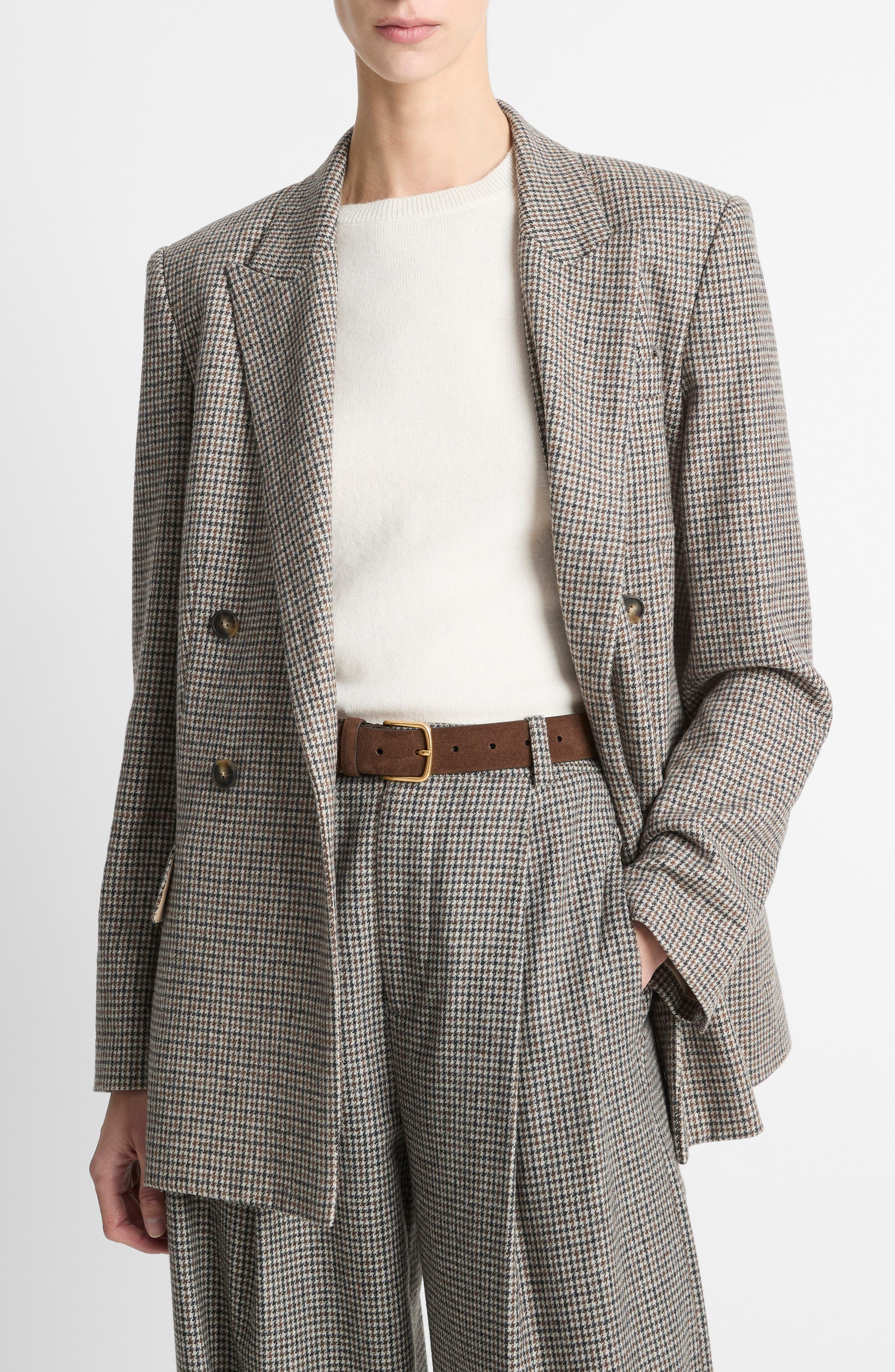 Vince Houndstooth Double Breasted Wool Blend Blazer
