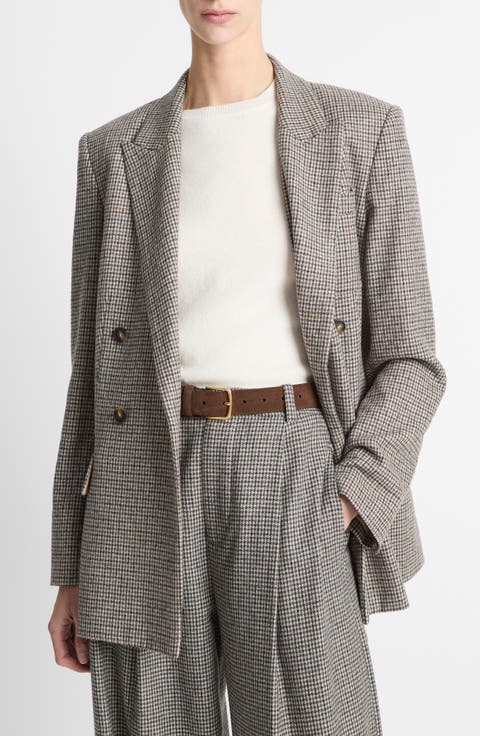 Houndstooth Double Breasted Wool Blend Blazer