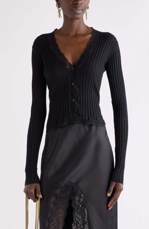 Rib Cardigan with Lace Trim