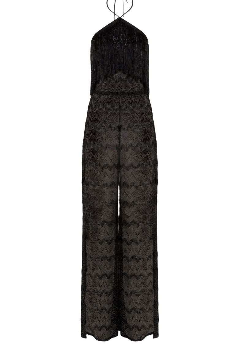 Zig Zag Lamé Viscose Jumpsuit With Fringes, Alternate, color, Black & Lamé