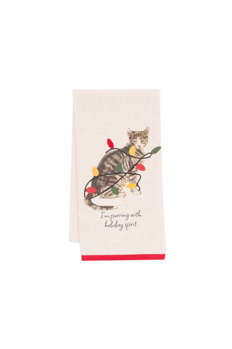 Holiday Tabby Cat Pet Tangled in Christmas Bulbs Towel, Main, color, Brown