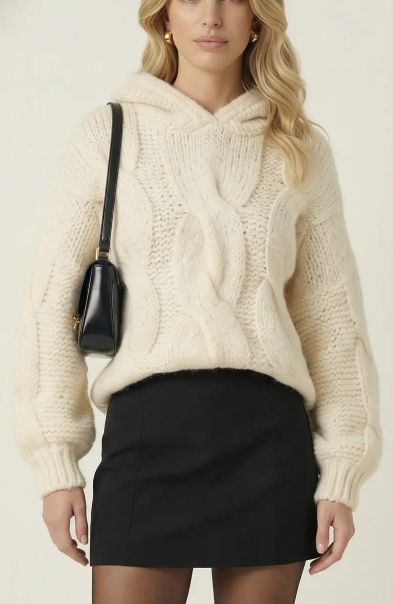Modenaire Cable-Knit Hoodie with Pockets, Alternate, color, Cream