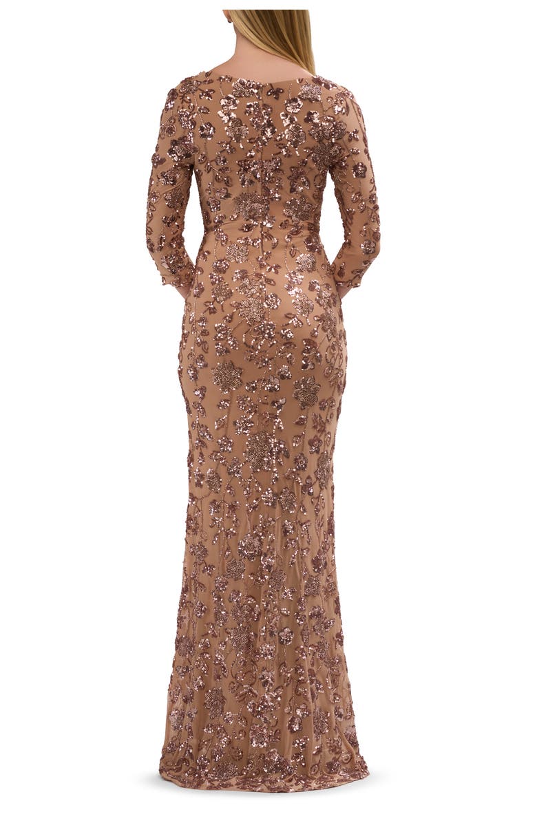 La Femme Beaded Fitted Gown with a Stretch Fabric and V Neckline, Alternate, color, Cocoa