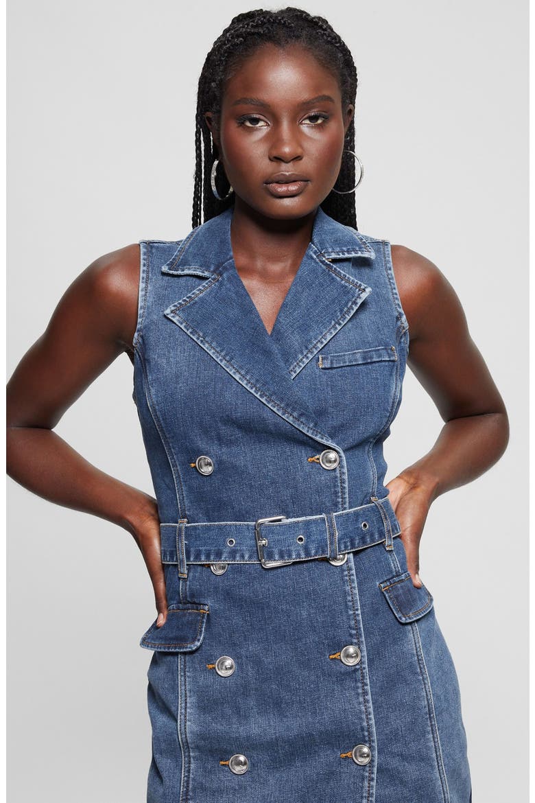 Anela Belted Denim Trench Minidress, Alternate, color, ALLAGASH BLU