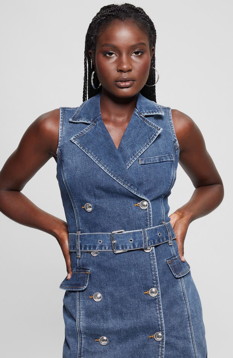 GUESS Anela Belted Denim Trench Minidress, Alternate, color, 