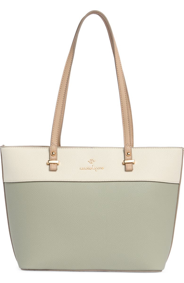 Nanette Lepore Sabine Colorblock Tote Bag & Pouch, Main, color, Clary Sage - Rice - Warm Taupe