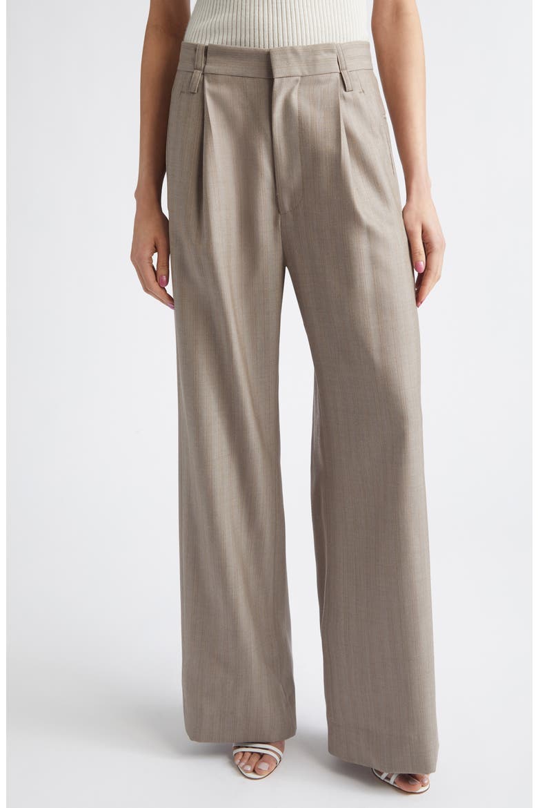 Pleated Virgin Wool Herringbone Straight Leg Pants, Main, color, LIMESTONE