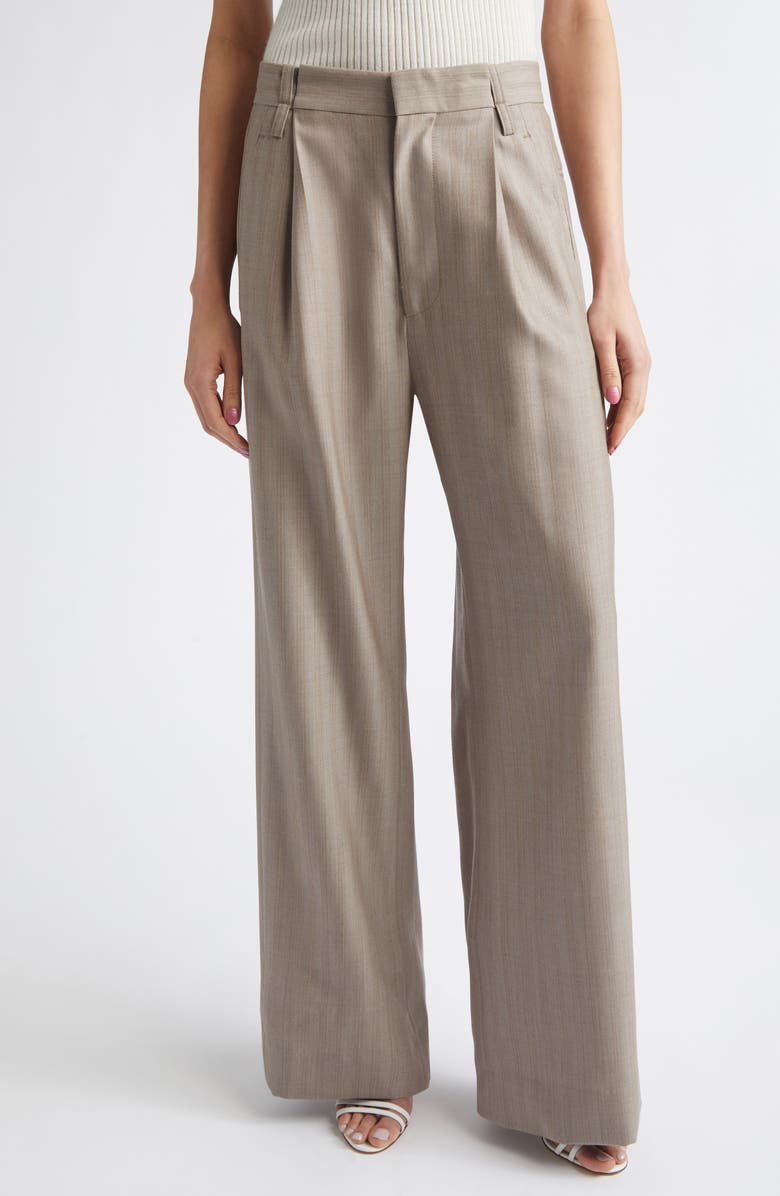 Victoria Beckham Pleated Virgin Wool Herringbone Straight Leg Pants, Main, color, Limestone