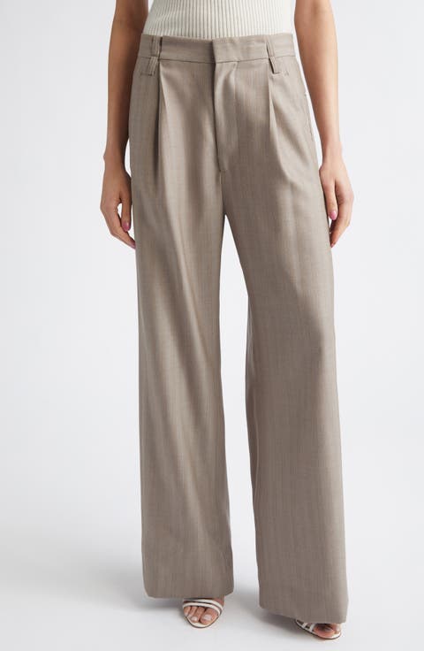 Pleated Virgin Wool Herringbone Straight Leg Pants
