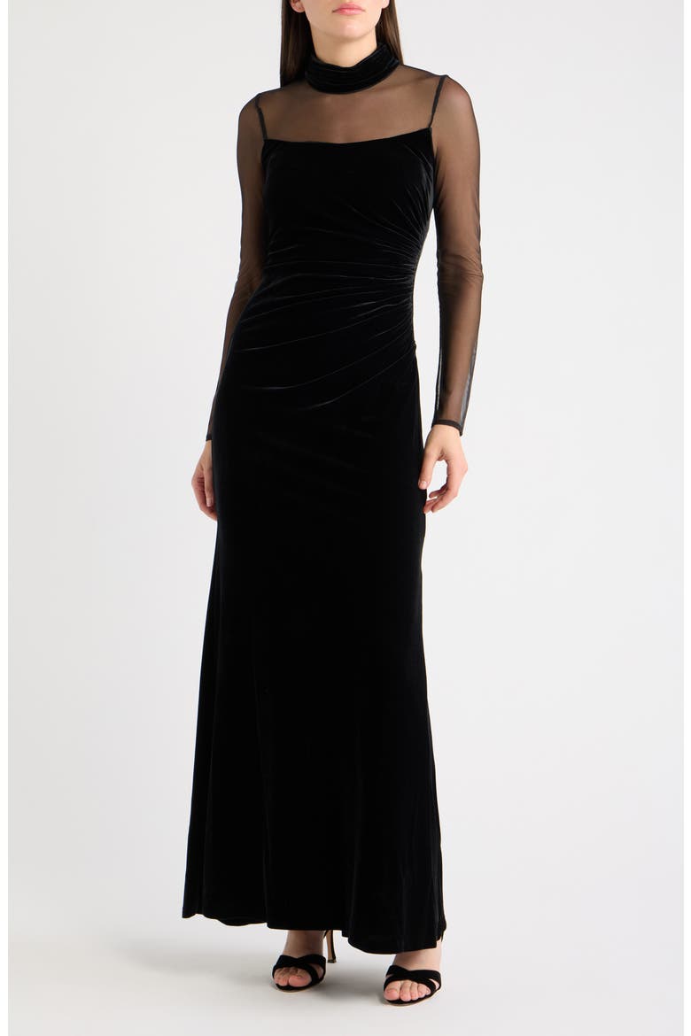 Mock Neck Long Sleeve Mixed Media Gown, Main, color, BLACK