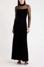 Eliza J Mock Neck Long Sleeve Mixed Media Gown