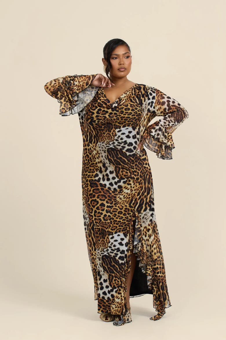 Ruffle Leopard Print Maxi Dress, Alternate, color, Brown