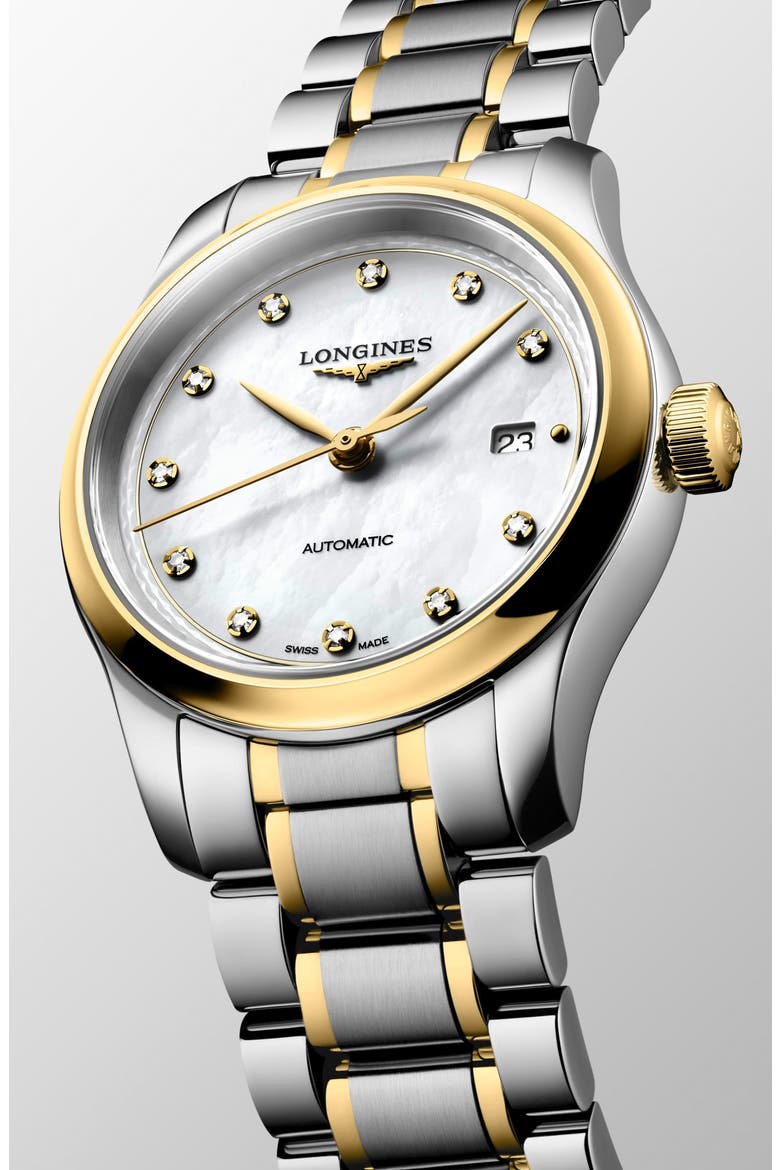 Conquest Automatic Diamond Mother of Pearl Bracelet Watch, 30mm, Alternate, color, WHITE MOTHER OF PEARL