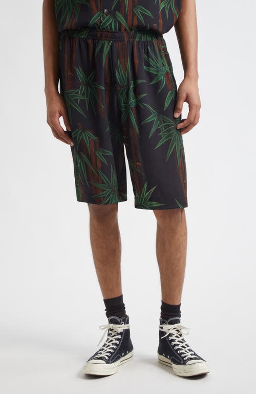Endless Joy Palm Print Crepe Shorts In Black