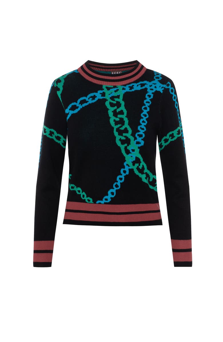 Coco Chain Motif Striped Trim Long Sleeve Sweater, Main, color, Black