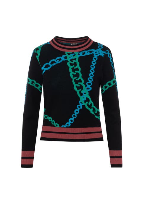 Chain Motif Striped Trim Long Sleeve Sweater