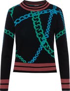 Coco Chain Motif Striped Trim Long Sleeve Sweater