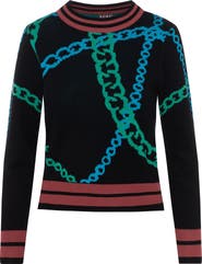 Coco Chain Motif Striped Trim Long Sleeve Sweater