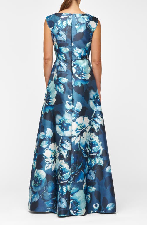 Kay Unger Kate Floral Layered Mikado Gown In Blue