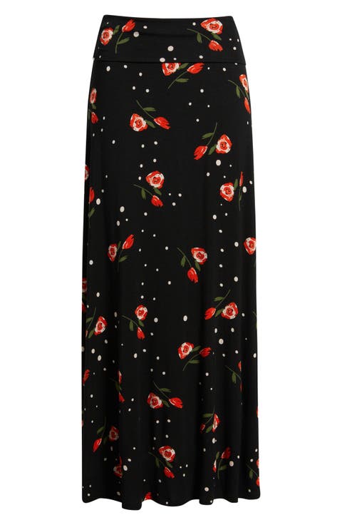 Roll Top Floral Print Maxi Skirt