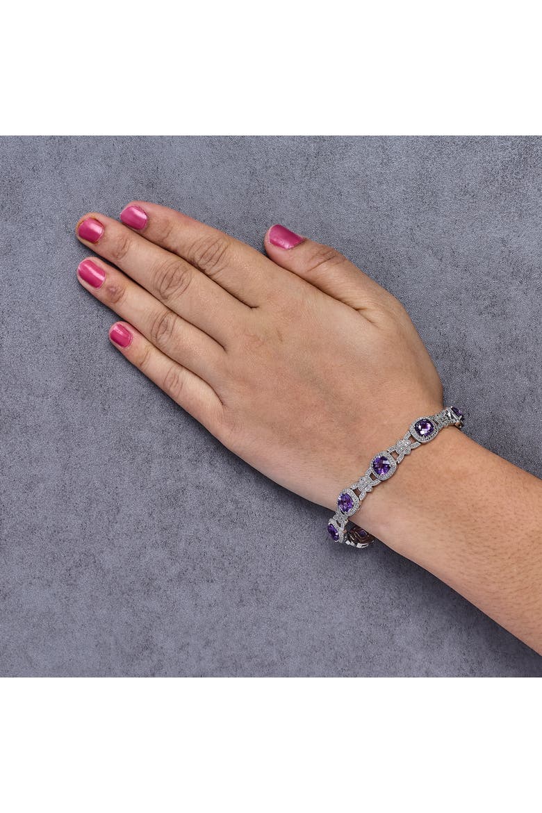 Silver Cushion-Cut Purple Amethyst & Diamond Vintage Halo Link Bracelet, Alternate, color, White
