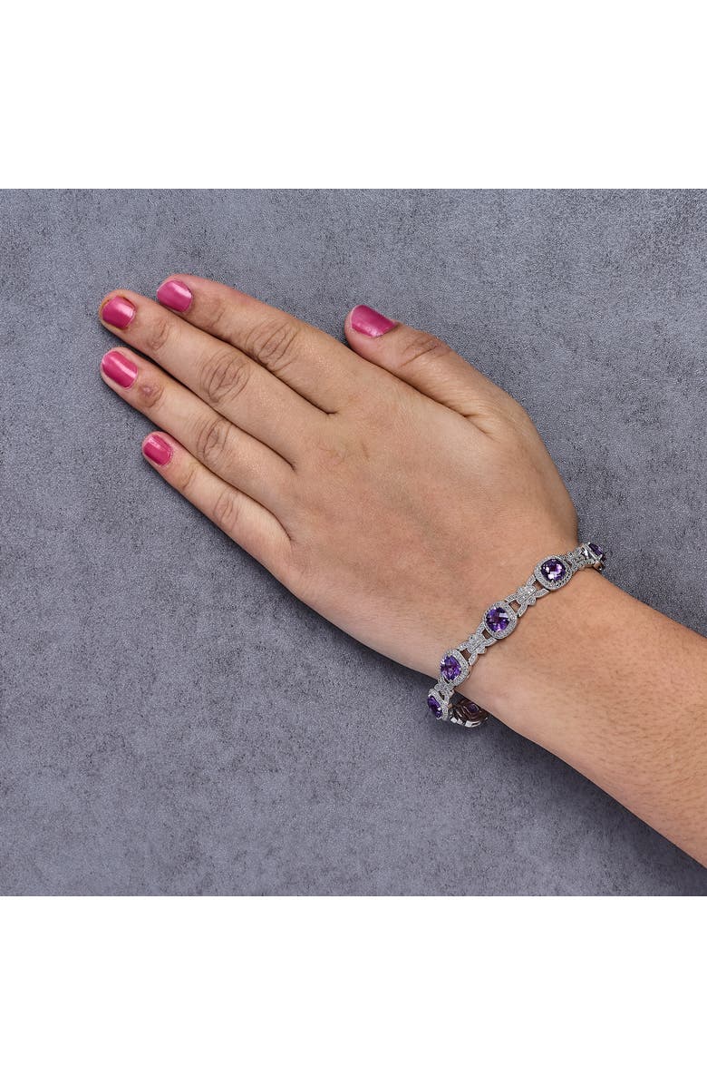 Haus of Brilliance Silver Cushion-Cut Purple Amethyst & Diamond Vintage Halo Link Bracelet, Alternate, color, White