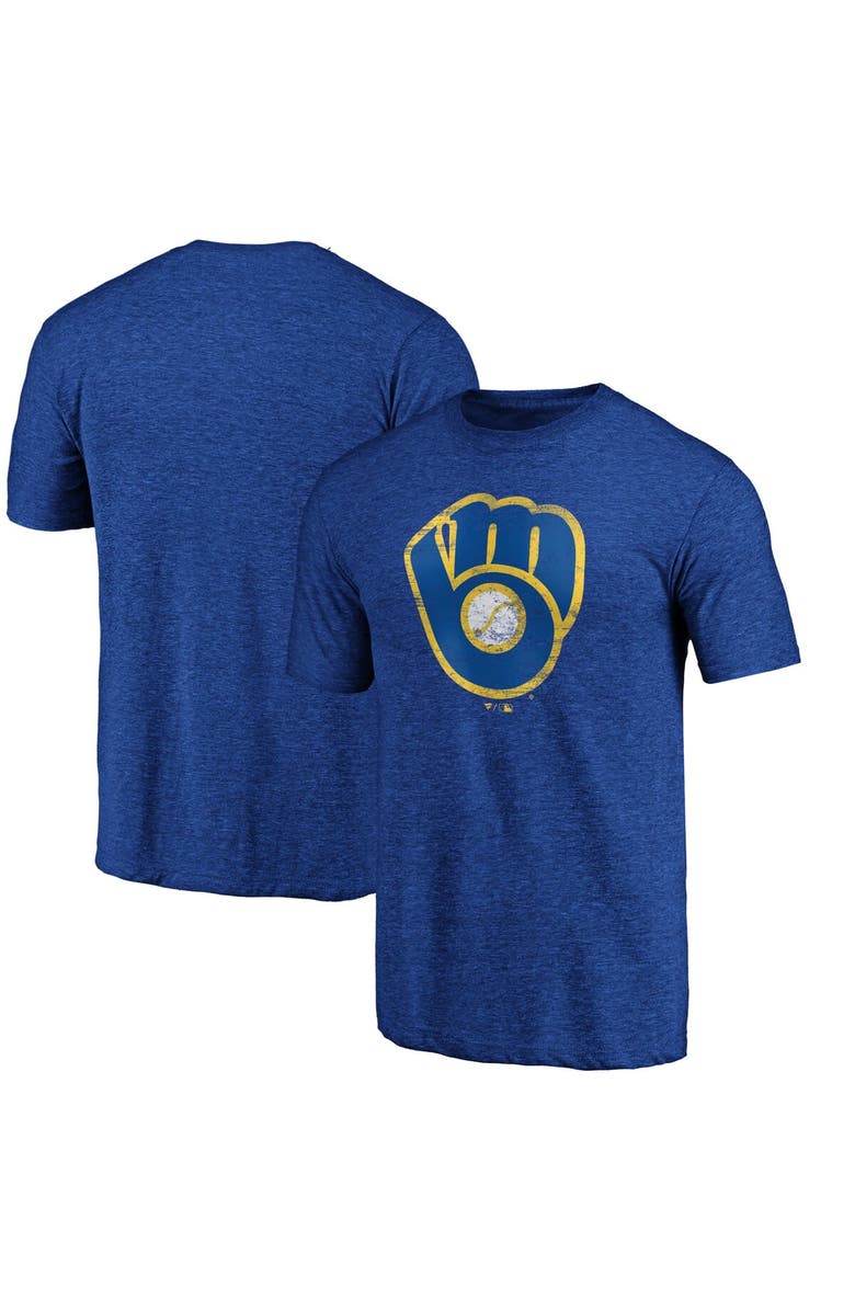 FANATICS Men's Fanatics Branded Heathered Royal Milwaukee Brewers Weathered Official Logo Tri-Blend T-Shirt, Main, color, 