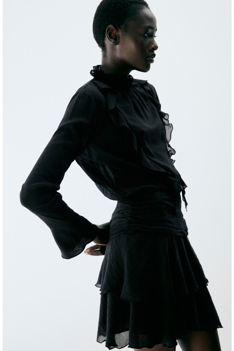Ruffle Long Sleeve Minidress, Alternate, color, BLACK