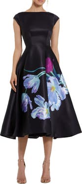 Mac Duggal Satin Cap Sleeve Midi Dress With Floral Print