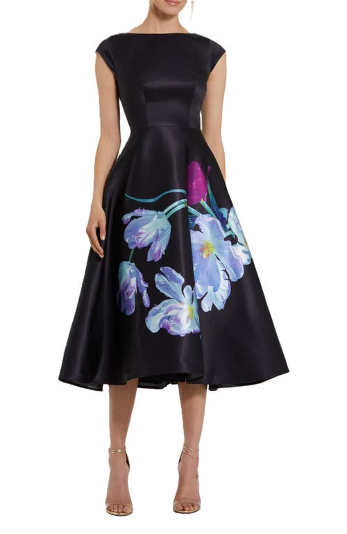 Mac Duggal Satin Cap Sleeve Midi Dress With Floral Print In Black Multi