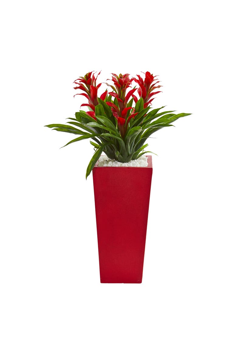 Triple Bromeliad Artificial Plant in Red Planter, Main, color, Red