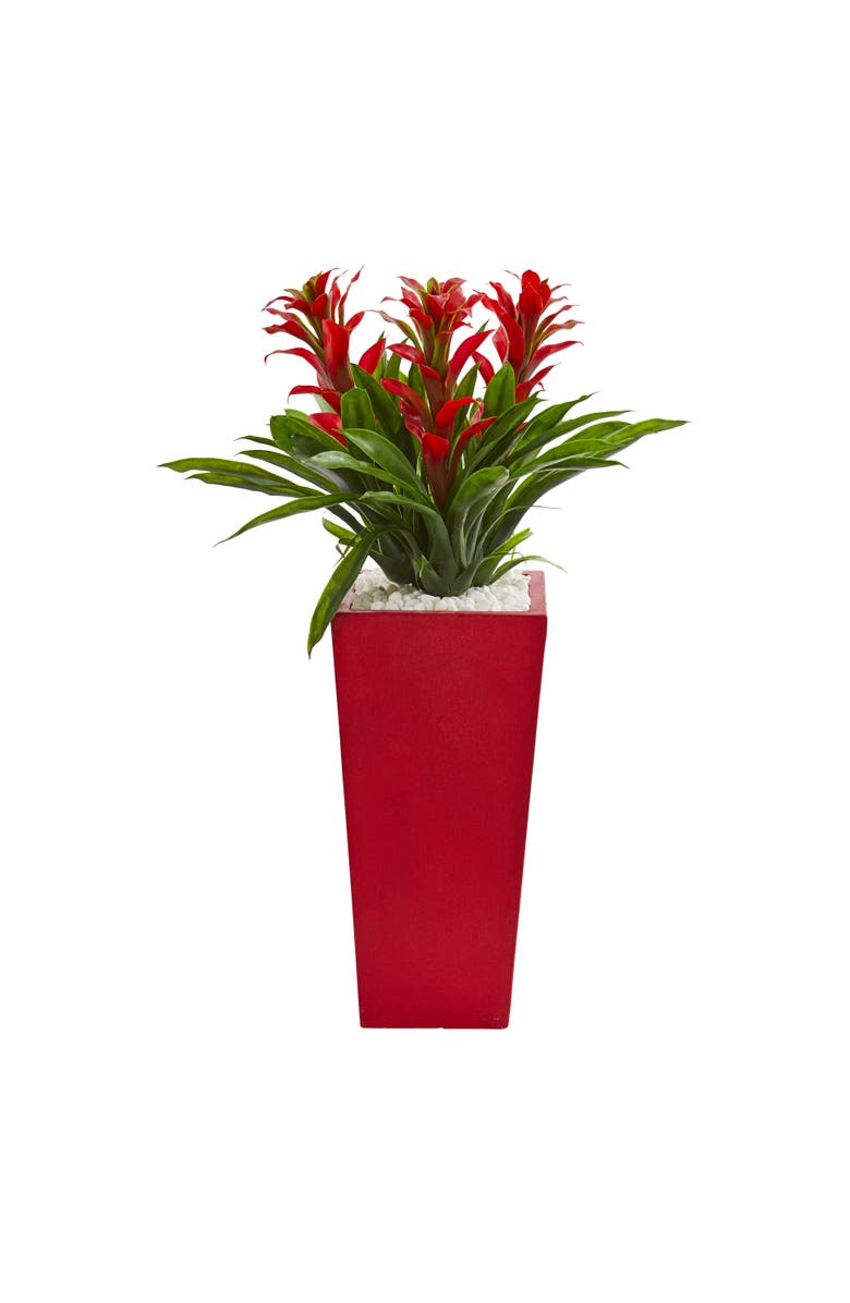 NEARLY NATURAL Triple Bromeliad Artificial Plant in Red Planter, Main, color, Red